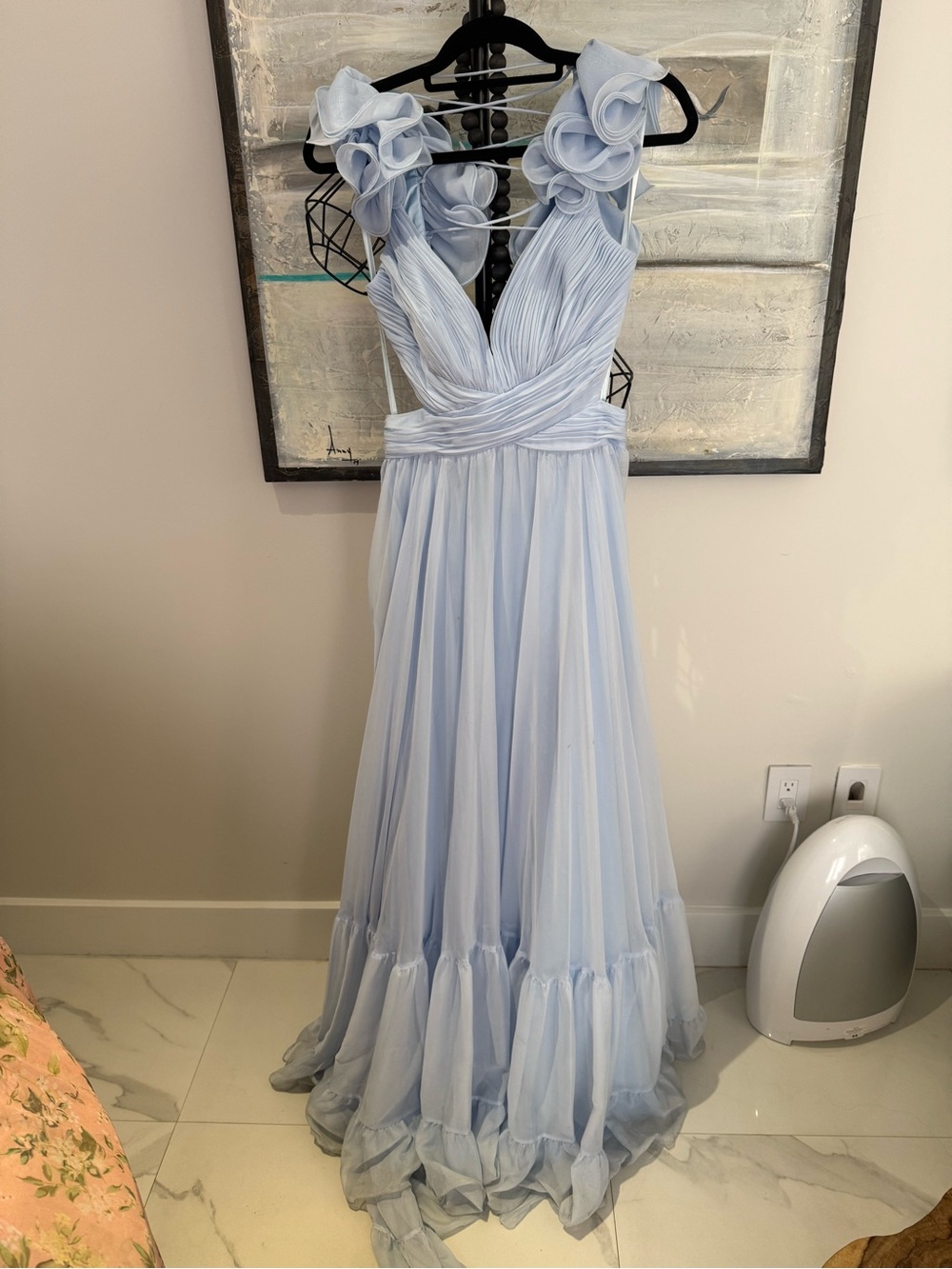 Elegant Light Blue Ruffled V-Neck Evening Dress